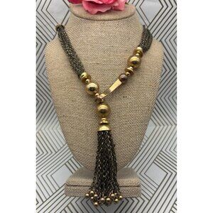 STELLA & DOT "Bianca" Lariat Gold & Bronze Tone Tassel Necklace 32"  Front Hook